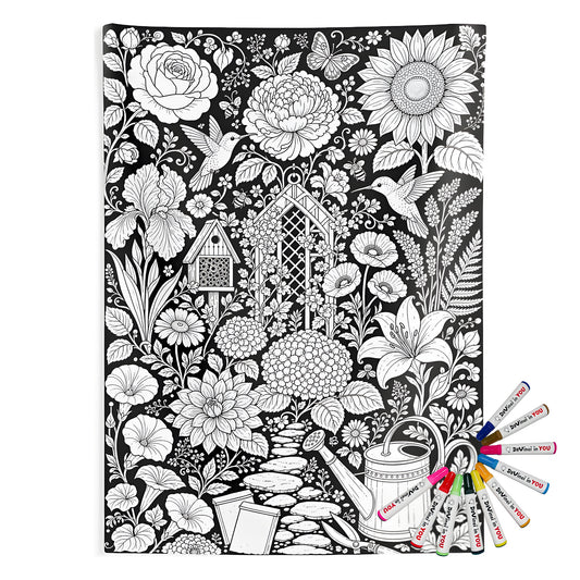 Hummingbird Flower Garden Indoor Wall Tapestry coloring kit mockup with polyester and graphic print