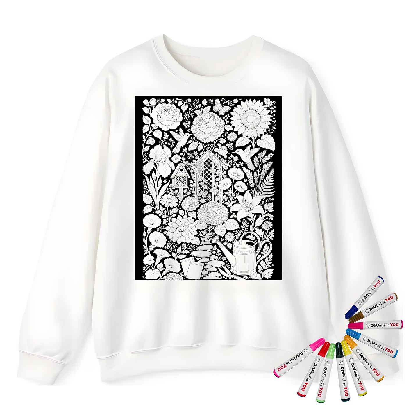 Hummingbird Flower Garden Adult Crewneck Sweatshirt coloring kit mockup with white base, cotton/polyester blend, and graphic print
