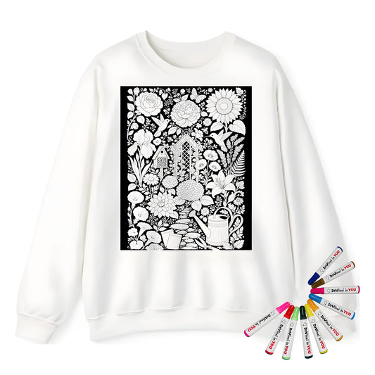 Hummingbird Flower Garden Adult Crewneck Sweatshirt coloring kit mockup with white base, cotton/polyester blend, and graphic print