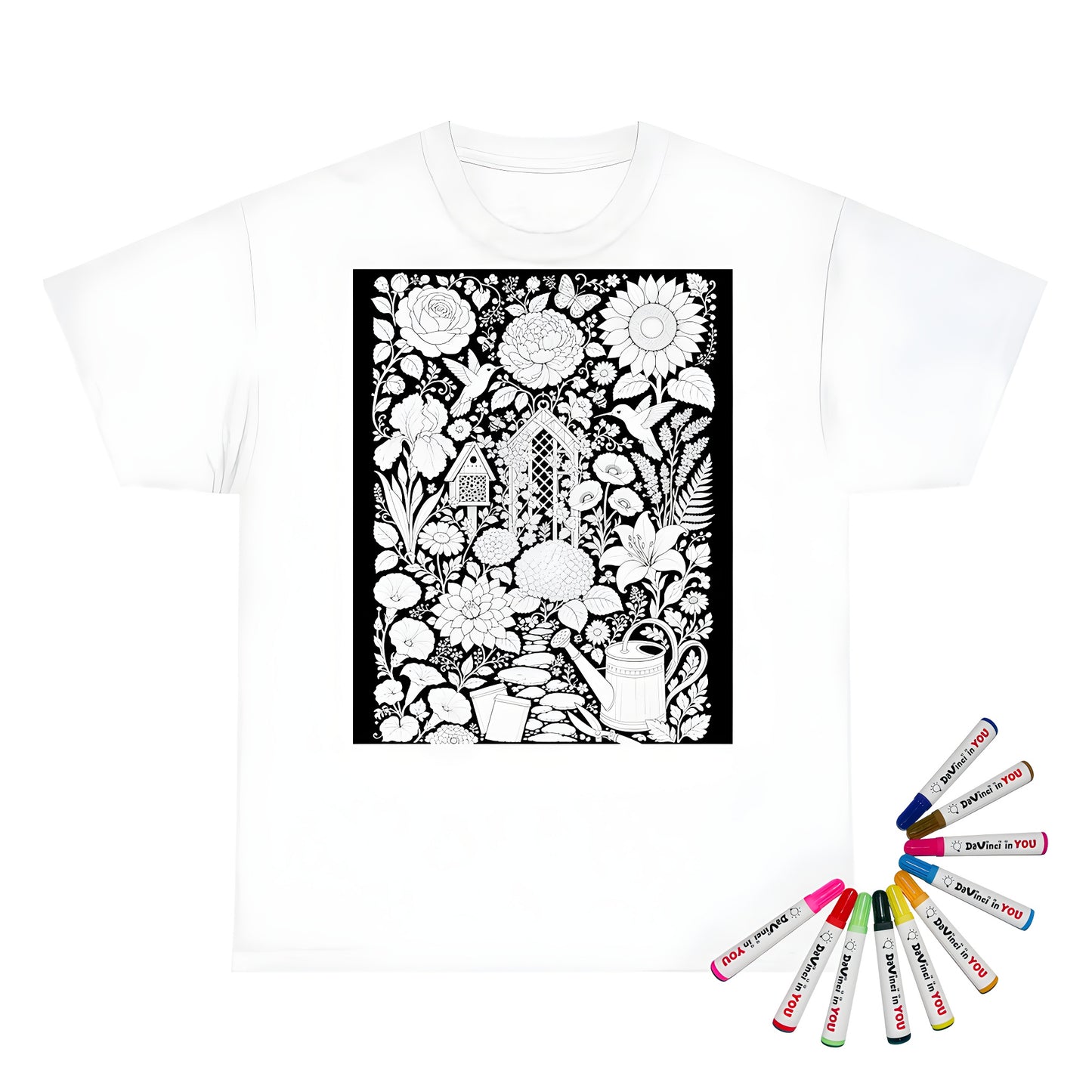 Hummingbird Flower Garden Kids T-Shirt coloring kit mockup with white base, cotton, and graphic print
