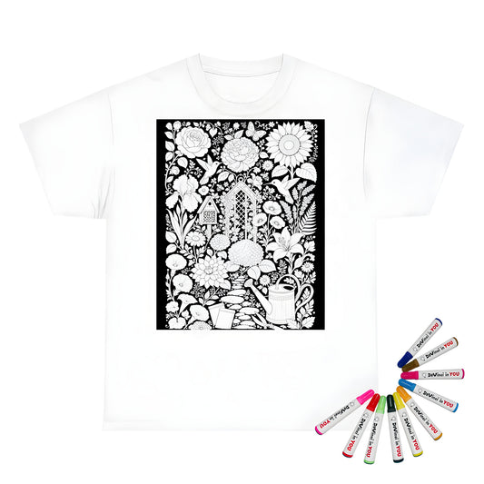 Hummingbird Flower Garden Kids T-Shirt coloring kit mockup with white base, cotton, and graphic print