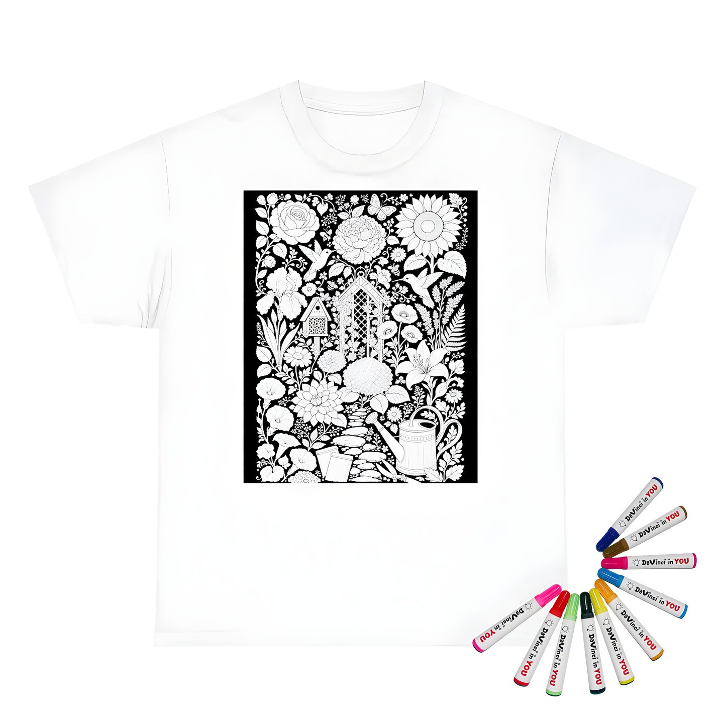 Hummingbird Flower Garden Unisex T-Shirt coloring kit mockup with white base, cotton, and graphic print