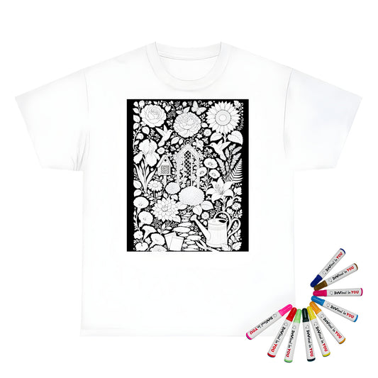 Hummingbird Flower Garden Unisex T-Shirt coloring kit mockup with white base, cotton, and graphic print