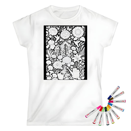Hummingbird Flower Garden Womens T-Shirt coloring kit mockup with white base, cotton, and graphic print