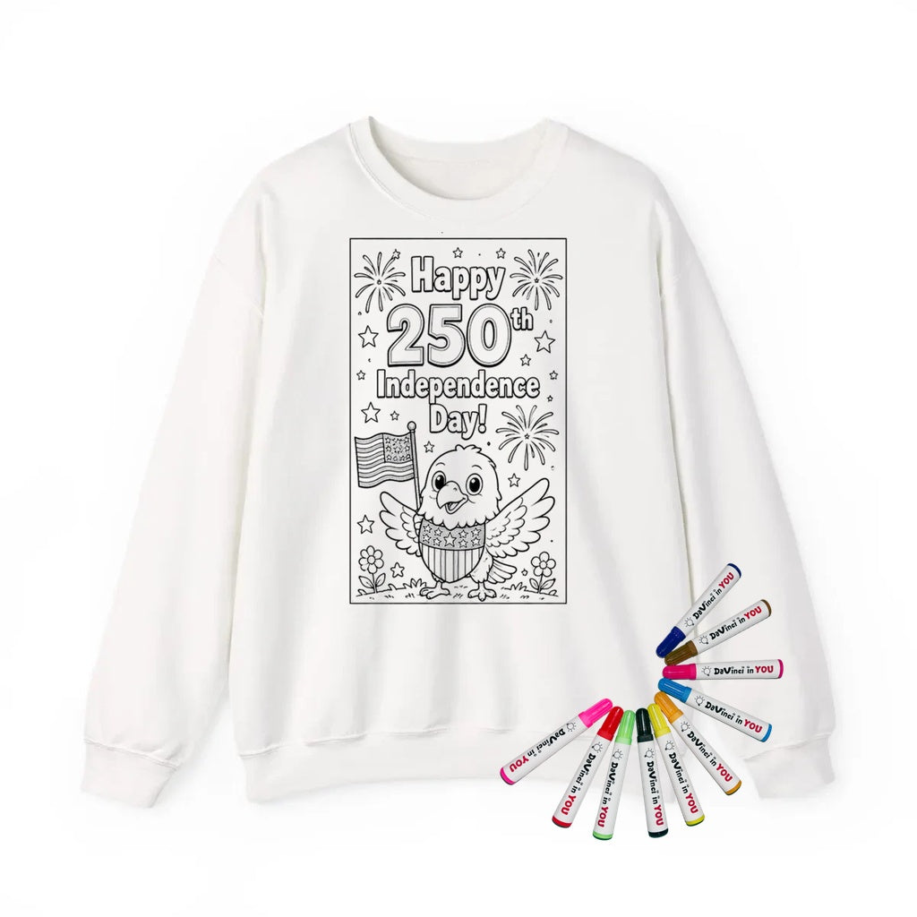 Independence Day Adult Crewneck Sweatshirt coloring kit mockup with white base, cotton/polyester blend, and graphic print