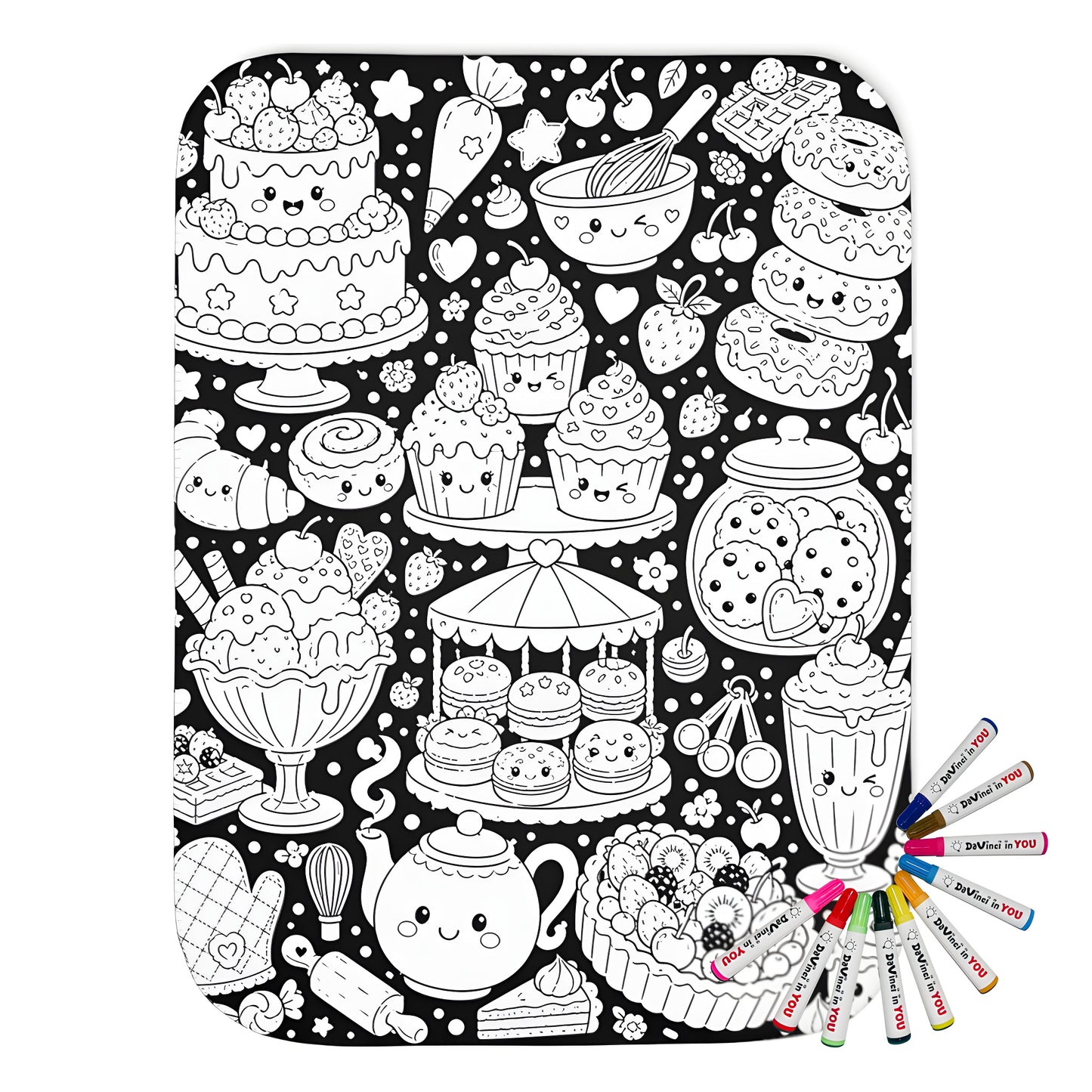 Kawaii Sweet Treats Sherpa Blanket coloring kit mockup with polyester and graphic print