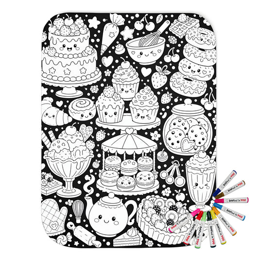 Kawaii Sweet Treats Sherpa Blanket coloring kit mockup with polyester and graphic print