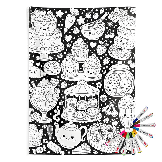 Kawaii Sweet Treats Indoor Wall Tapestry coloring kit mockup with polyester and graphic print