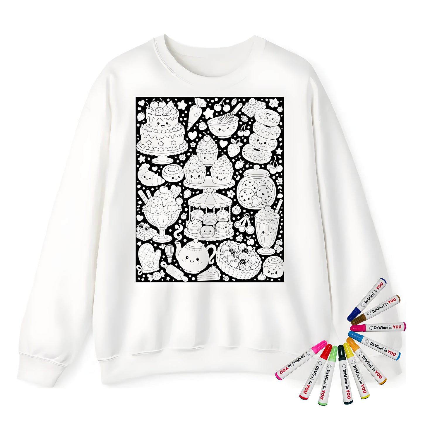 Kawaii Sweet Treats Adult Crewneck Sweatshirt coloring kit mockup with white base, cotton/polyester blend, and graphic print
