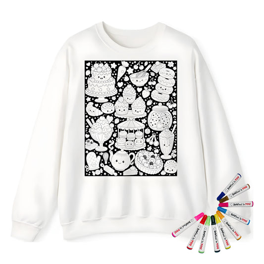 Kawaii Sweet Treats Adult Crewneck Sweatshirt coloring kit mockup with white base, cotton/polyester blend, and graphic print