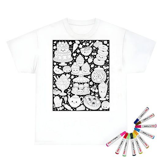 Kawaii Sweet Treats Kids T-Shirt coloring kit mockup with white base, cotton, and graphic print