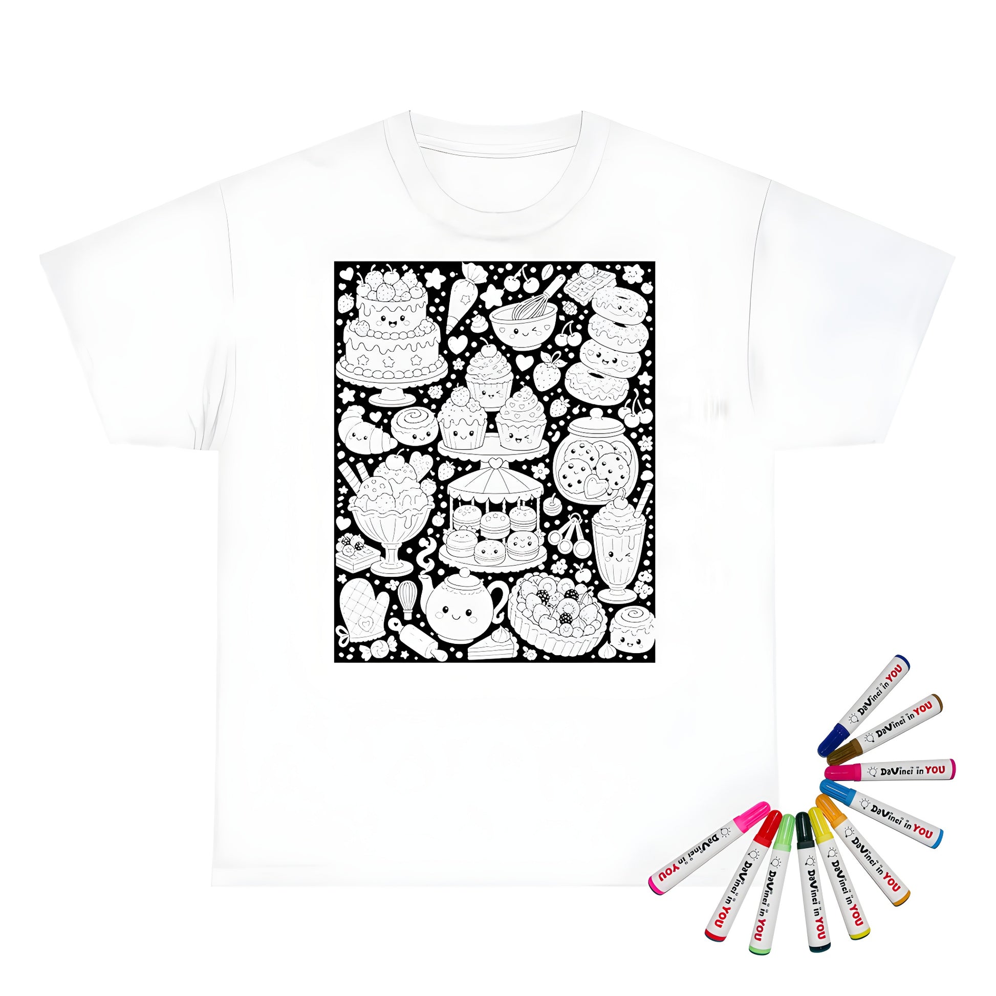 Kawaii Sweet Treats Unisex T-Shirt coloring kit mockup with white base, cotton, and graphic print