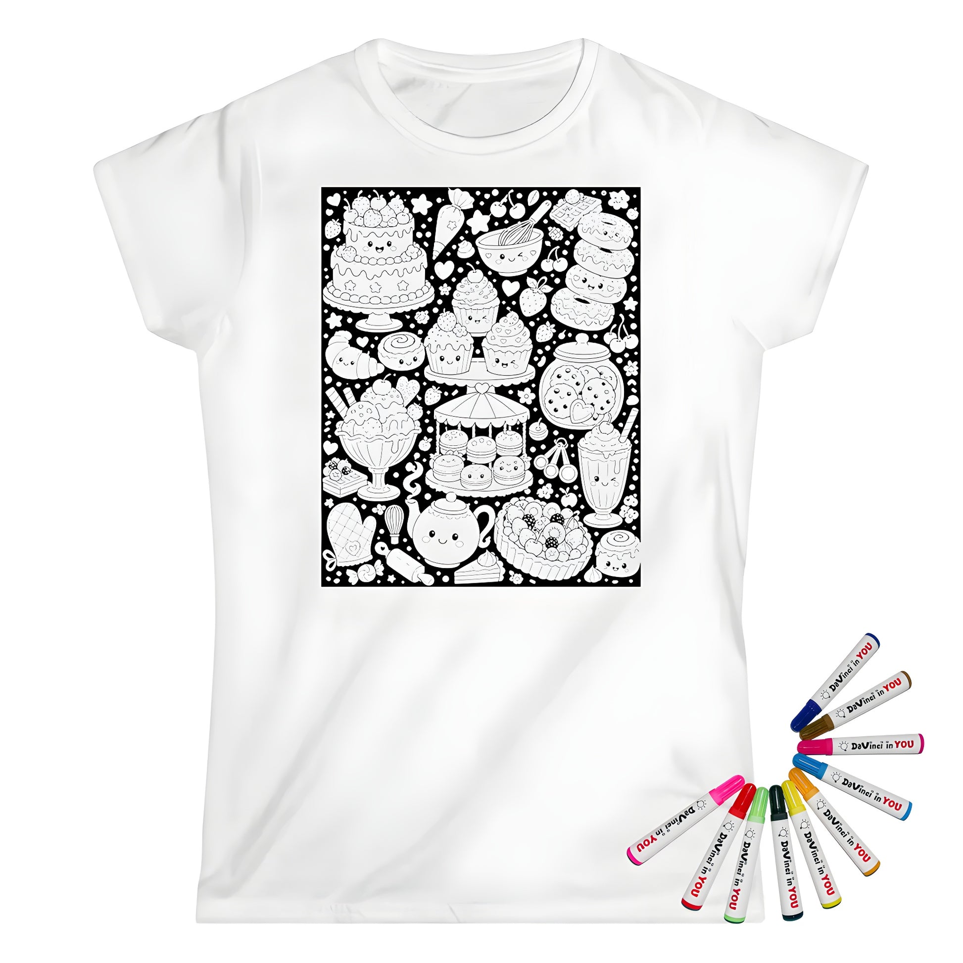 Kawaii Sweet Treats Womens T-Shirt coloring kit mockup with white base, cotton, and graphic print