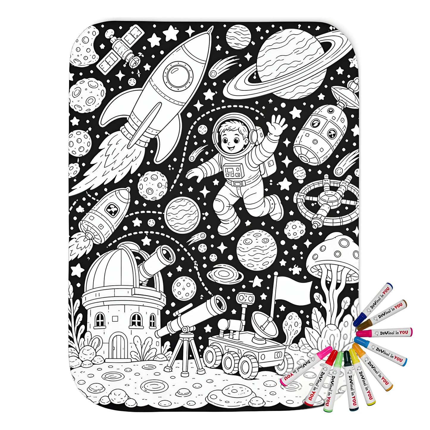 Kids Space Adventure Sherpa Blanket coloring kit mockup with polyester and graphic print