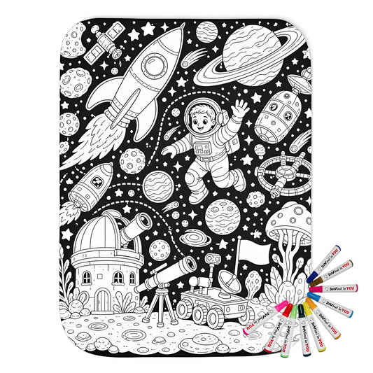 Kids Space Adventure Sherpa Blanket coloring kit mockup with polyester and graphic print