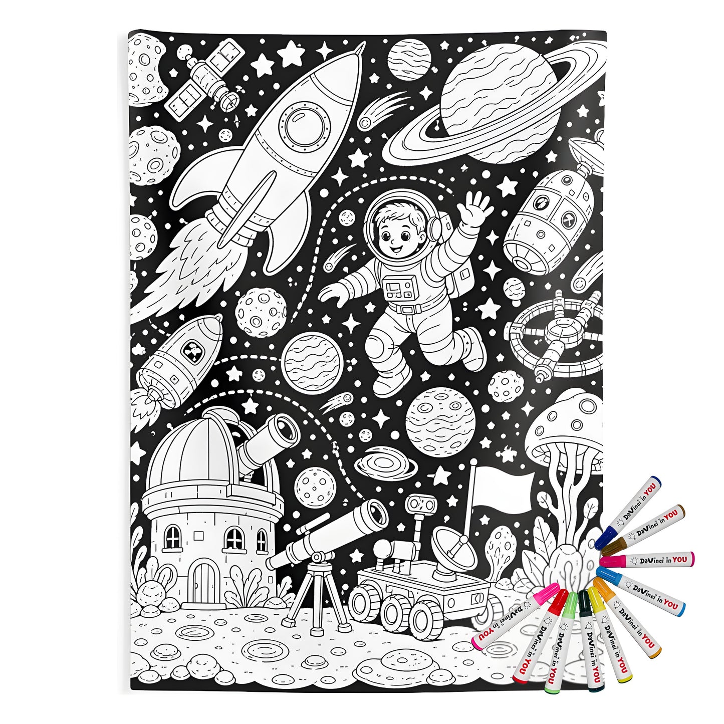Kids Space Adventure Indoor Wall Tapestry coloring kit mockup with polyester and graphic print
