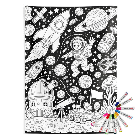 Kids Space Adventure Indoor Wall Tapestry coloring kit mockup with polyester and graphic print