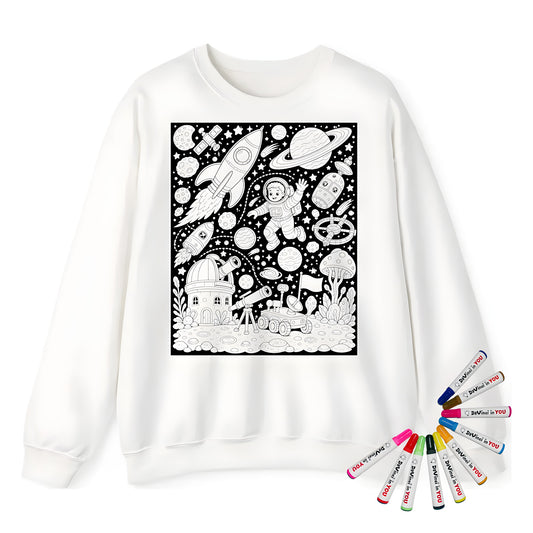Kids Space Adventure Adult Crewneck Sweatshirt coloring kit mockup with white base, cotton/polyester blend, and graphic print
