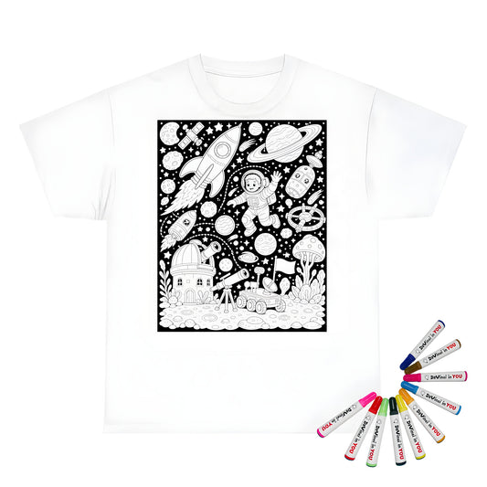 Kids Space Adventure Kids T-Shirt coloring kit mockup with white base, cotton, and graphic print