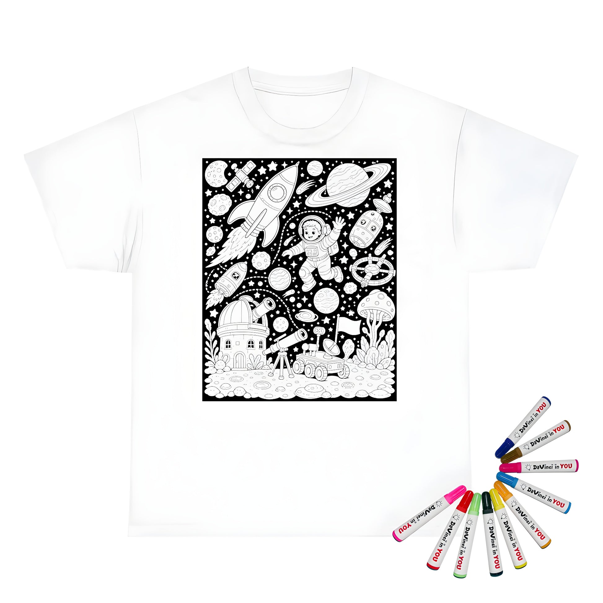Kids Space Adventure Unisex T-Shirt coloring kit mockup with white base, cotton, and graphic print