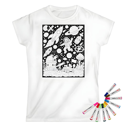 Kids Space Adventure Womens T-Shirt coloring kit mockup with white base, cotton, and graphic print