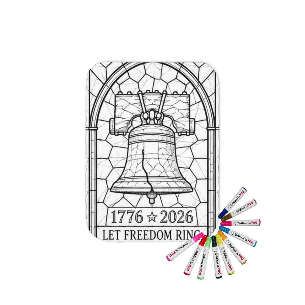Sherpa coloring blanket with fabric markers featuring a patriotic Liberty Bell design