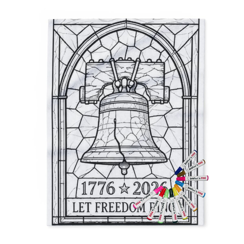 Liberty Bell Patriotic Fleece Blanket coloring kit mockup with polyester fleece and graphic print