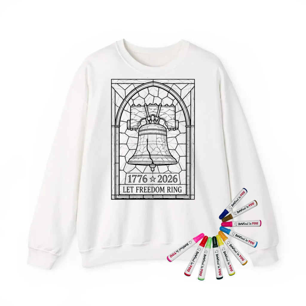 Liberty Bell Patriotic Adult Crewneck Sweatshirt coloring kit mockup with white base, cotton/polyester blend, and graphic print