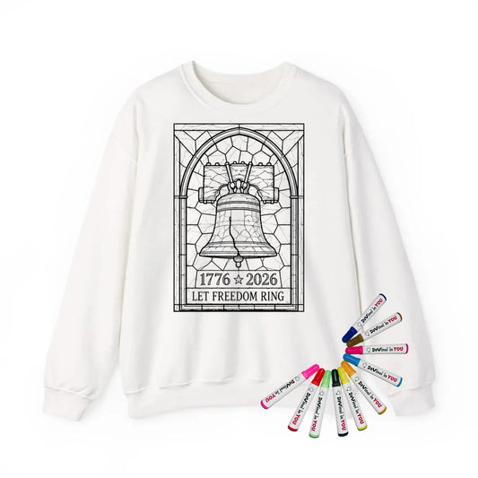 Liberty Bell Patriotic Adult Crewneck Sweatshirt coloring kit mockup with white base, cotton/polyester blend, and graphic print