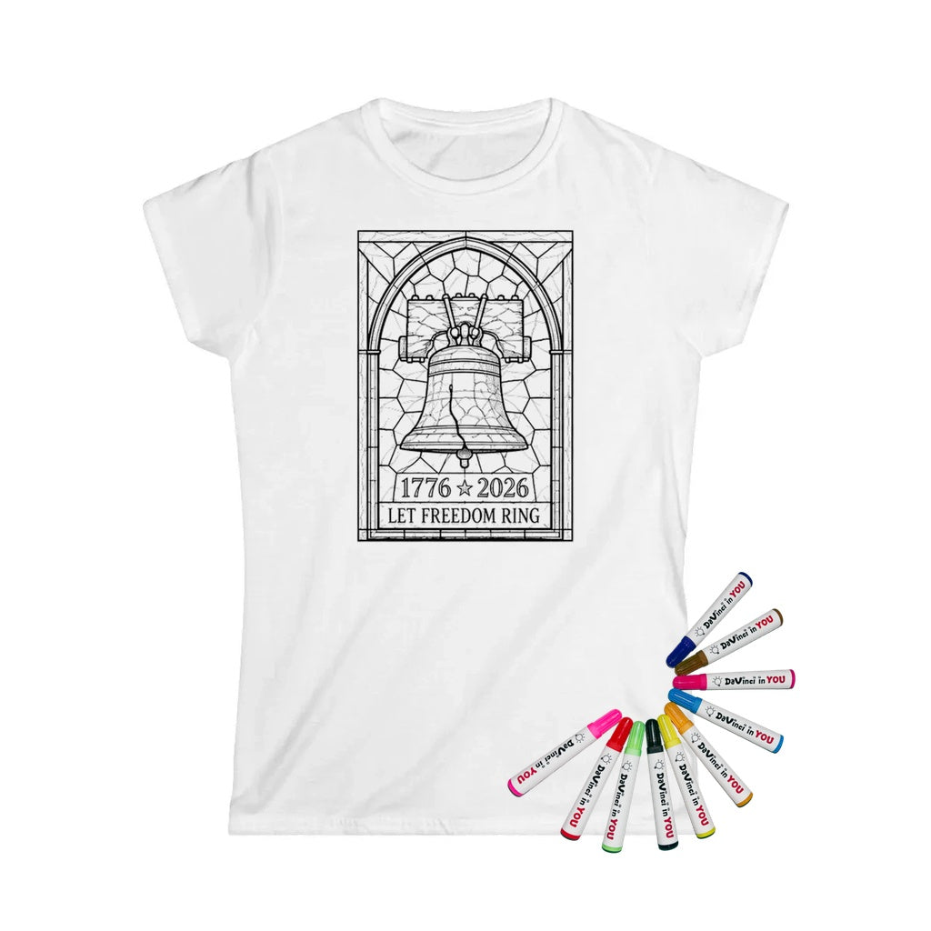 Liberty Bell Patriotic Womens T-Shirt coloring kit mockup with white base, cotton, and graphic print
