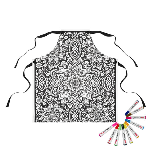 Lotus Bloom Mandala Apron coloring kit mockup with polyester and graphic print