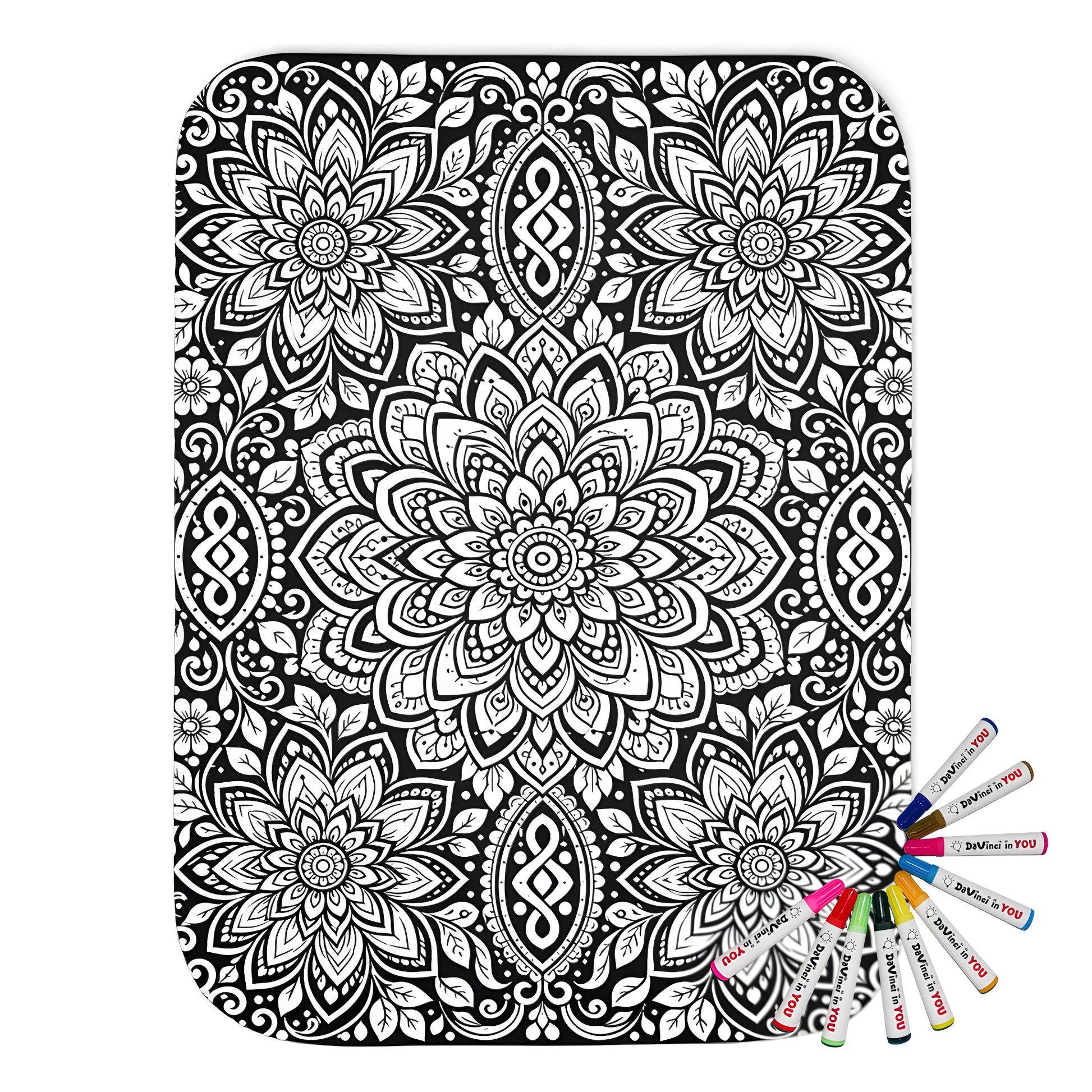 Lotus Bloom Mandala Sherpa Blanket coloring kit mockup with polyester and graphic print