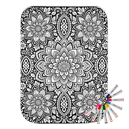 Lotus Bloom Mandala Sherpa Blanket coloring kit mockup with polyester and graphic print