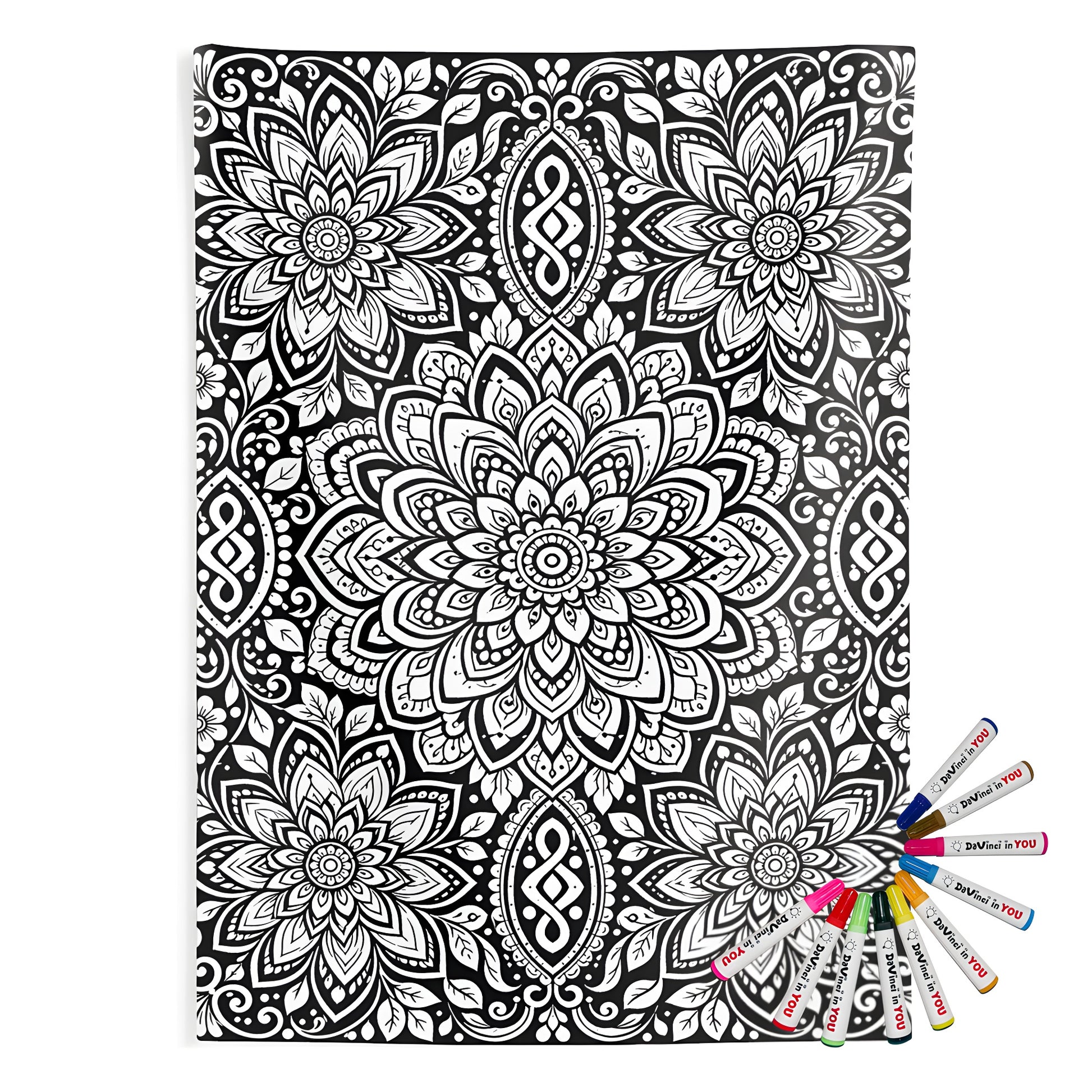 Lotus Bloom Mandala Indoor Wall Tapestry coloring kit mockup with polyester and graphic print