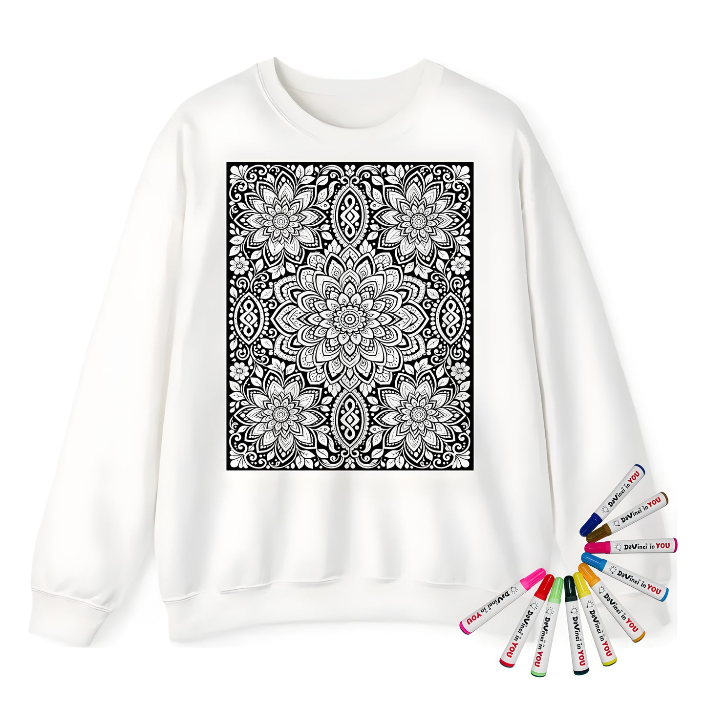 Lotus Bloom Mandala Adult Crewneck Sweatshirt coloring kit mockup with white base, cotton/polyester blend, and graphic print