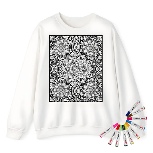 Lotus Bloom Mandala Adult Crewneck Sweatshirt coloring kit mockup with white base, cotton/polyester blend, and graphic print