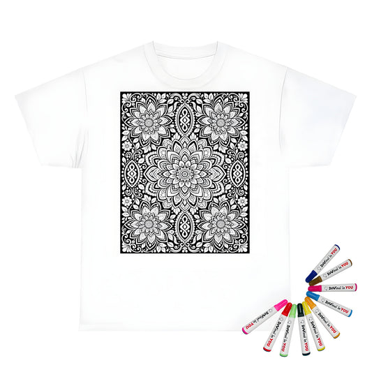 Lotus Bloom Mandala Kids T-Shirt coloring kit mockup with white base, cotton, and graphic print