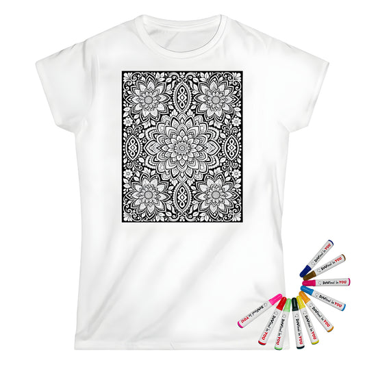 Lotus Bloom Mandala Womens T-Shirt coloring kit mockup with white base, cotton, and graphic print
