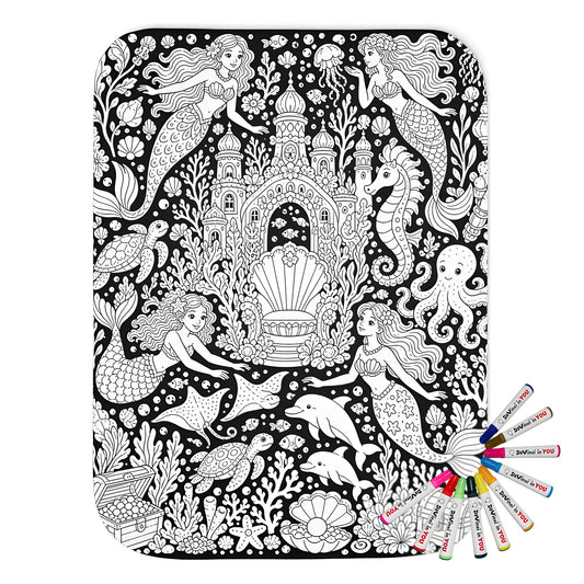 Mermaid Coral Kingdom Sherpa Blanket coloring kit mockup with polyester and graphic print