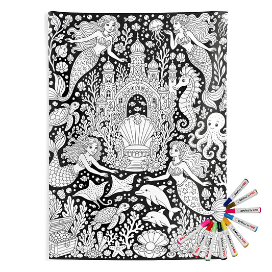 Mermaid Coral Kingdom Indoor Wall Tapestry coloring kit mockup with polyester and graphic print