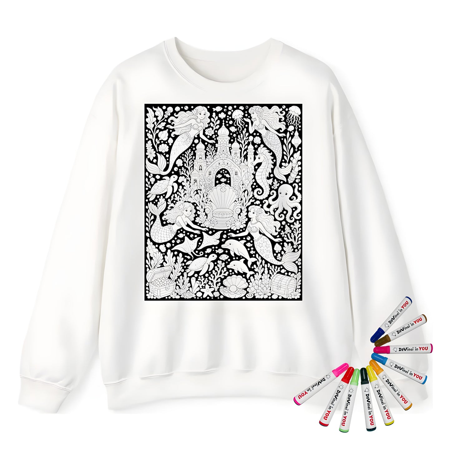 Mermaid Coral Kingdom Adult Crewneck Sweatshirt coloring kit mockup with white base, cotton/polyester blend, and graphic print