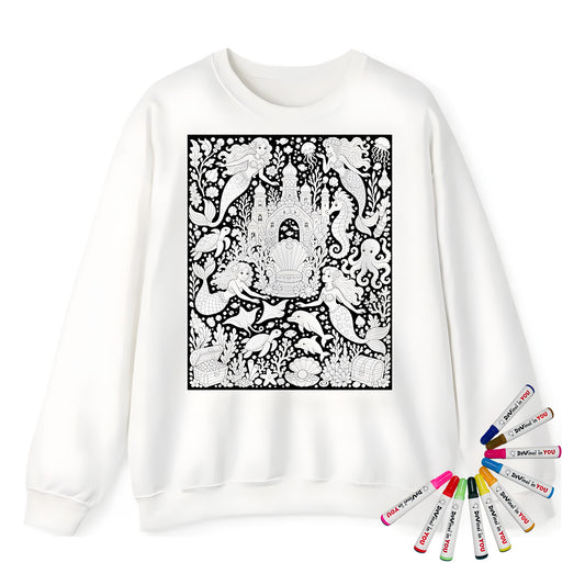 Mermaid Coral Kingdom Adult Crewneck Sweatshirt coloring kit mockup with white base, cotton/polyester blend, and graphic print