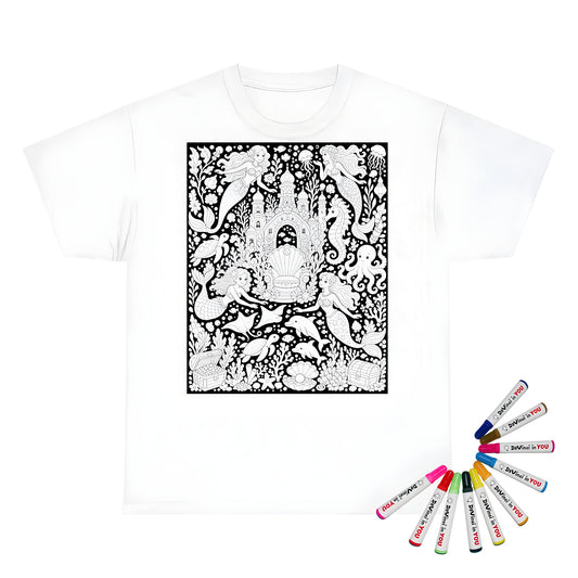 Mermaid Coral Kingdom Kids T-Shirt coloring kit mockup with white base, cotton, and graphic print