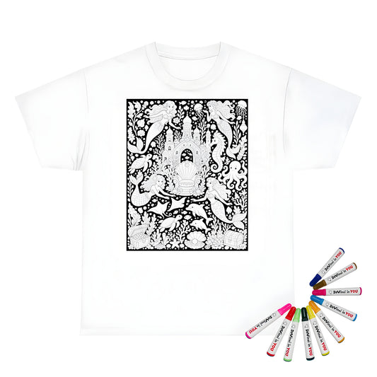 Mermaid Coral Kingdom Unisex T-Shirt coloring kit mockup with white base, cotton, and graphic print