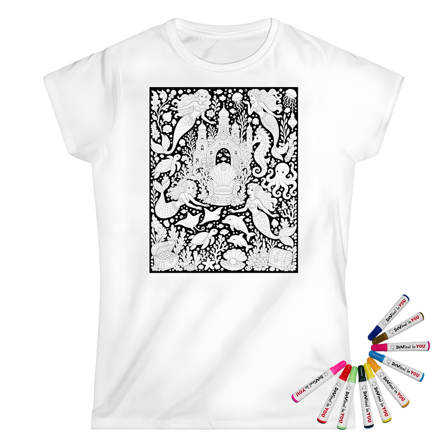 Mermaid Coral Kingdom Womens T-Shirt coloring kit mockup with white base, cotton, and graphic print