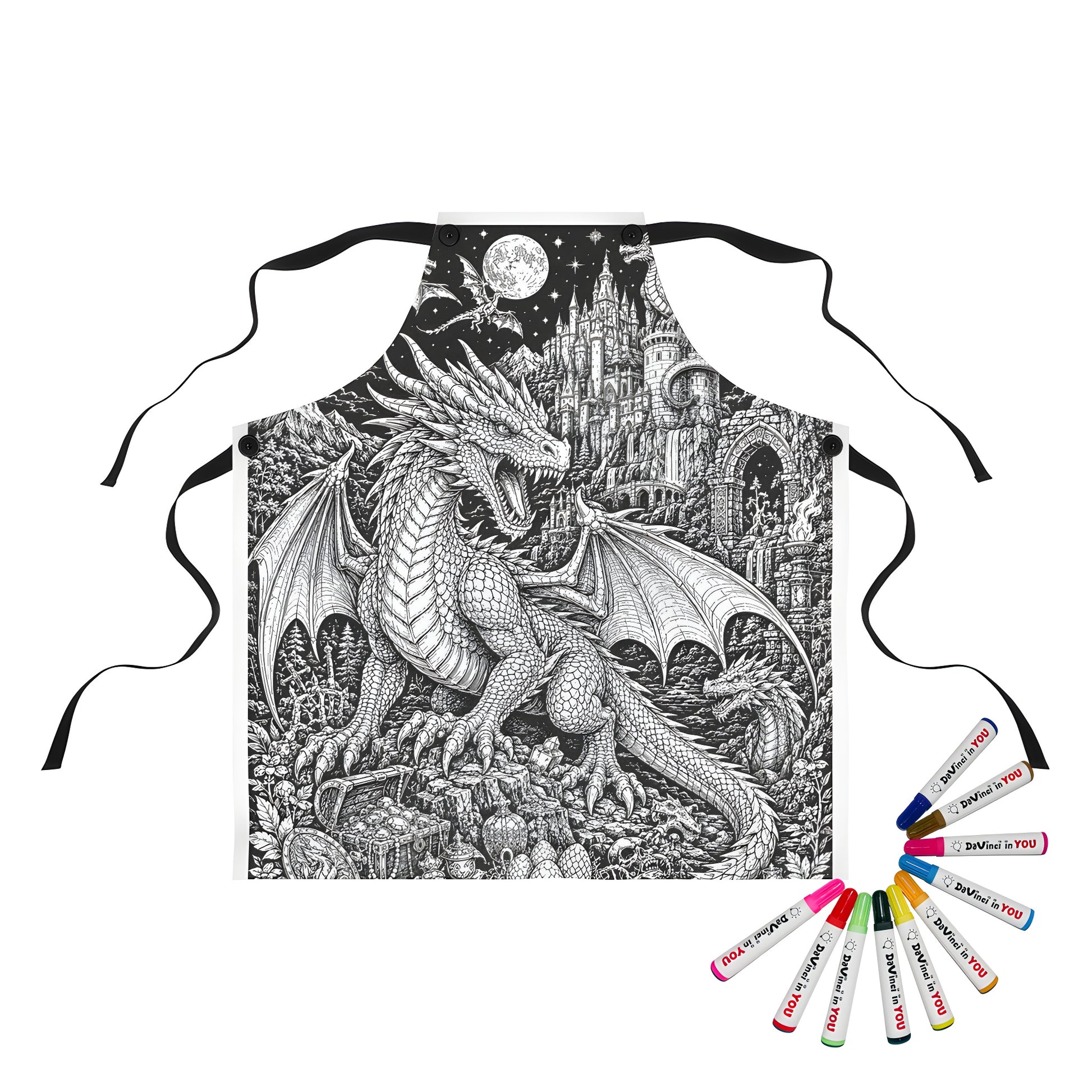 Moonlit Dragon Castle Apron coloring kit mockup with polyester and graphic print