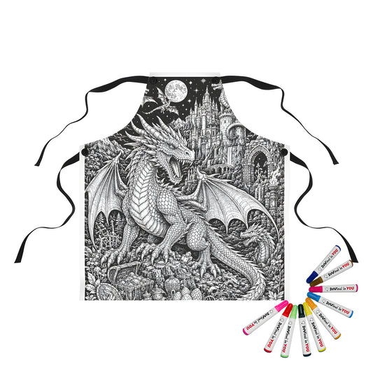 Moonlit Dragon Castle Apron coloring kit mockup with polyester and graphic print