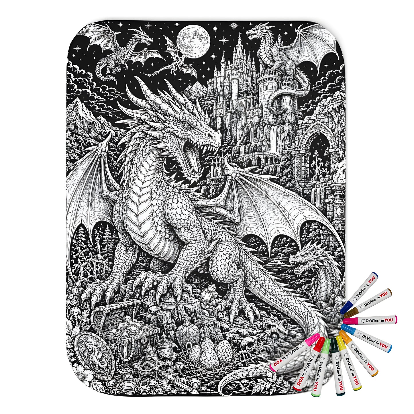 Moonlit Dragon Castle Sherpa Blanket coloring kit mockup with polyester and graphic print