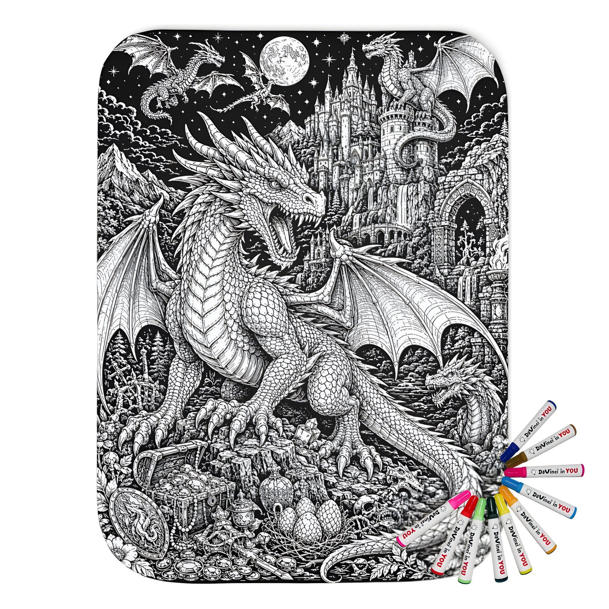 Moonlit Dragon Castle Sherpa Blanket coloring kit mockup with polyester and graphic print