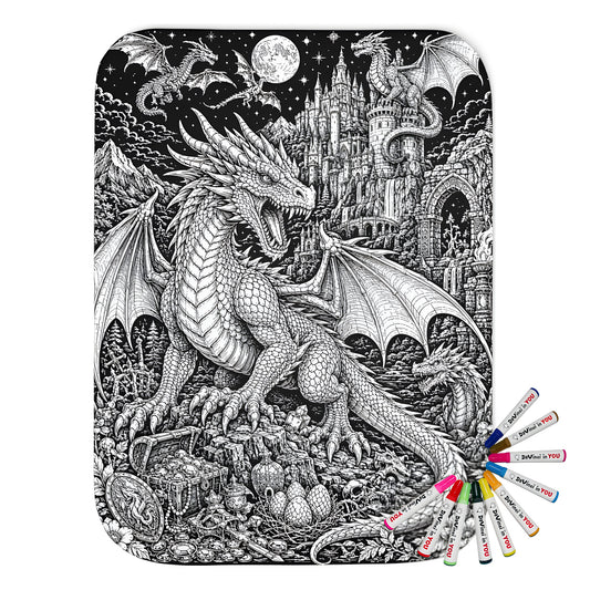 Moonlit Dragon Castle Sherpa Blanket coloring kit mockup with polyester and graphic print
